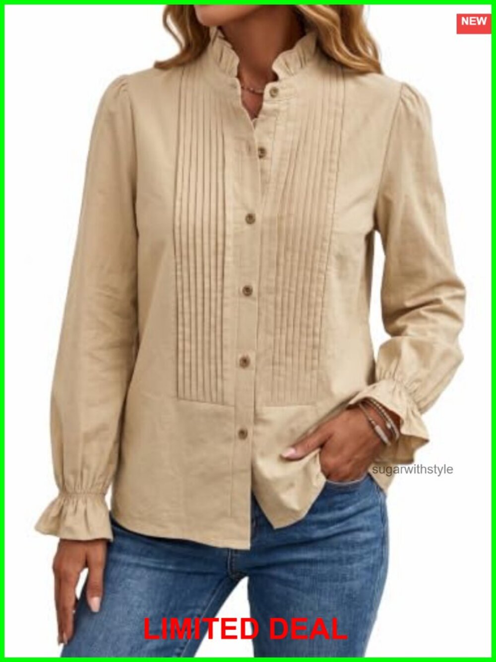 100% Cotton Pintuck Ruffle Neck Button Down Blouse Long Sleeve